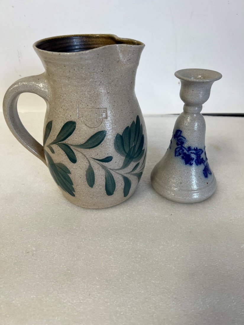 Blue Decorated Pitcher and Candlestick.: Pitcher marked Salmon Falls Dover NU Candlestick marked the same. 7 1/2"H and 6"H
