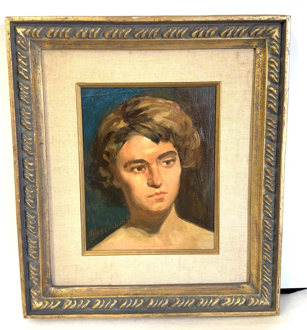 John Grabach; American Oil Portrait of a Woman Signed: John R. Grabach(1886-1981) oil on board. Portrait of a Woman. Signed lower left and inscribed and dated on reverse ; 10in. x 8in.(image), 17in. x 15in.(framed)