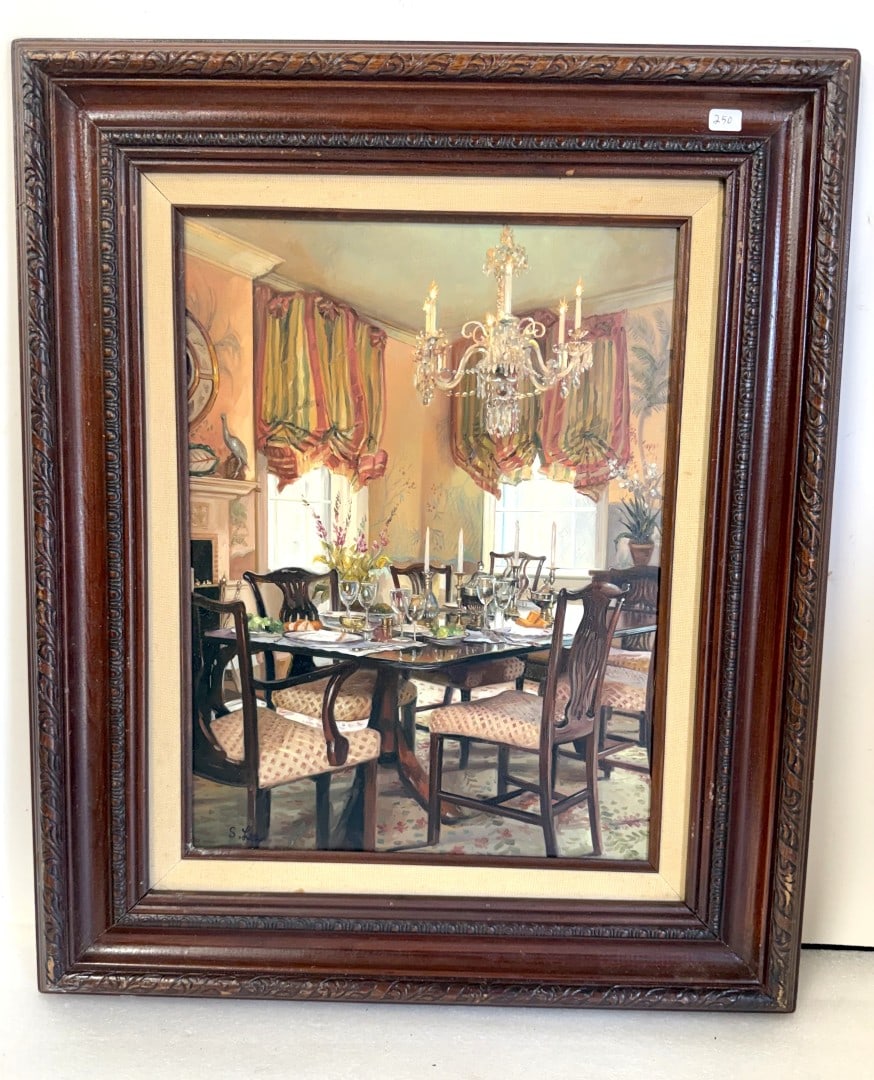 S. Lee; 20thC. Oil Elegant Dining Room Signed: Oil on panel. Interior of Elegant Dining Room. Signed lower cleft; 16in. x 12in.(image), 23.5in. x 19.75in.(framed)