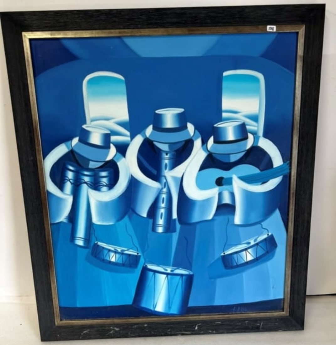 Oil on Board. Modernistic Musicians Sgd.: Signed indiscernibly Framed. 31" x 27"W