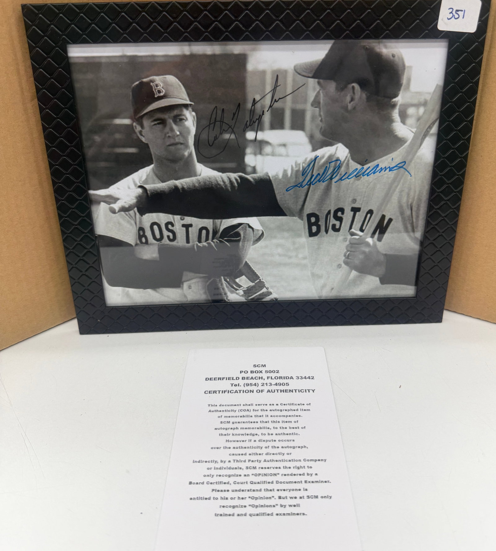 Williams/Yastrzemski Signed Photograph with COA: Signed and framed photograph of Ted Williams and Carl Yastrzemski. 8x10. With certificate of authenticity.