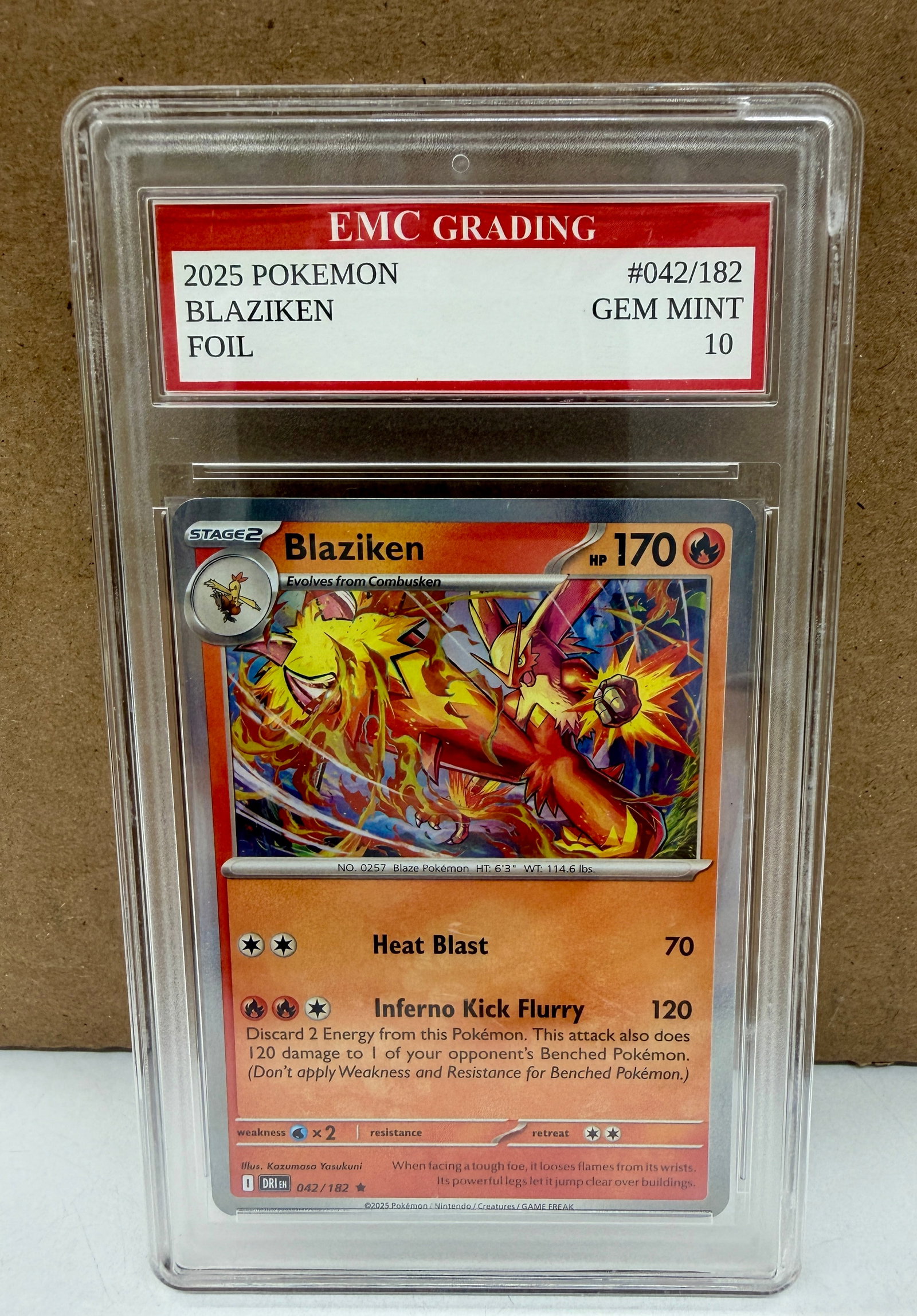 Pokemon Graded Card: 2025 Blaziken Foil #042/182. GEM MINT-10. In protective case