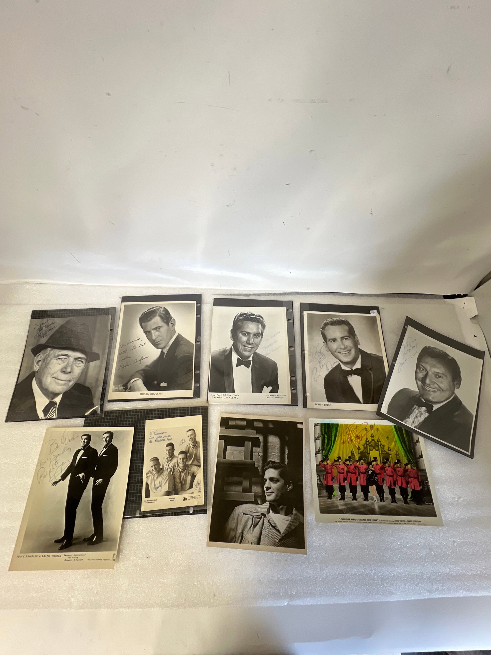 Signed Celebrity Photographs and Letter (11): Carmen Cavallaro Sgd. Photo and a sgd. letter as well; Stephen Douglass, Guy Tanner, Robert Shayne, Tony Sandler and Ralph Young, Pat Young, Bobby Breen, The Brothers Four, June Haver, The