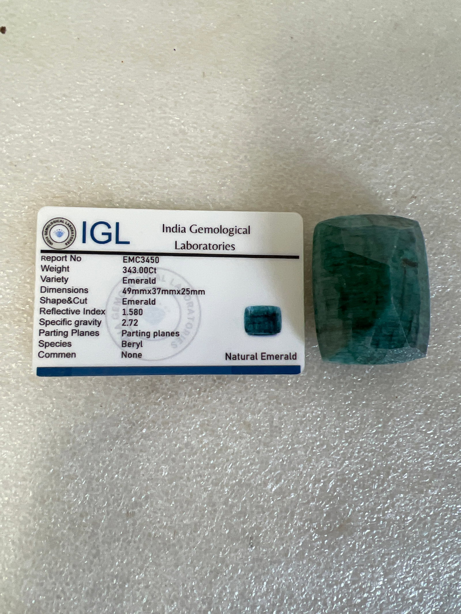 343ct Natural Emerald: 49 x 37 x 25mm