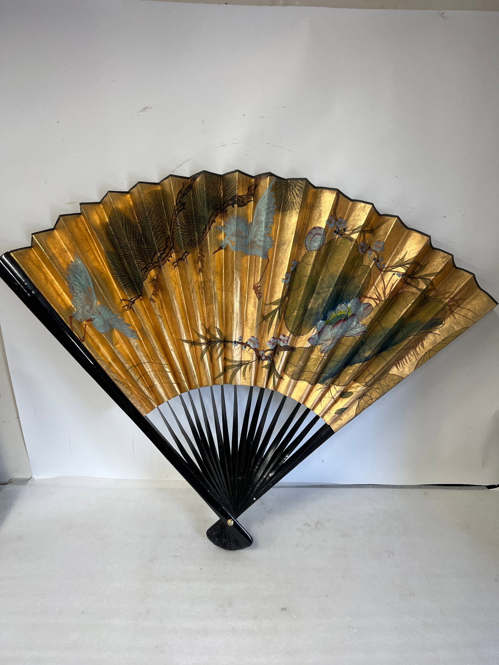 Antique Oversized Paper Fan: Decorated. In original box. " when opened.