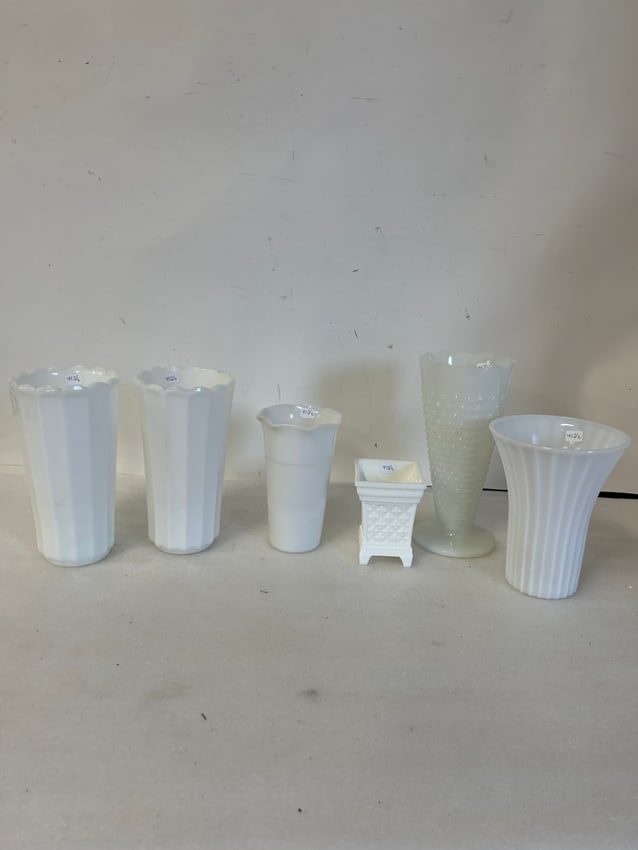 Vintage Milk Glass Vase (6): Six in the lot ranging in sizes from 7 1/2" to 3" Serving Dish 5" H by 14" W