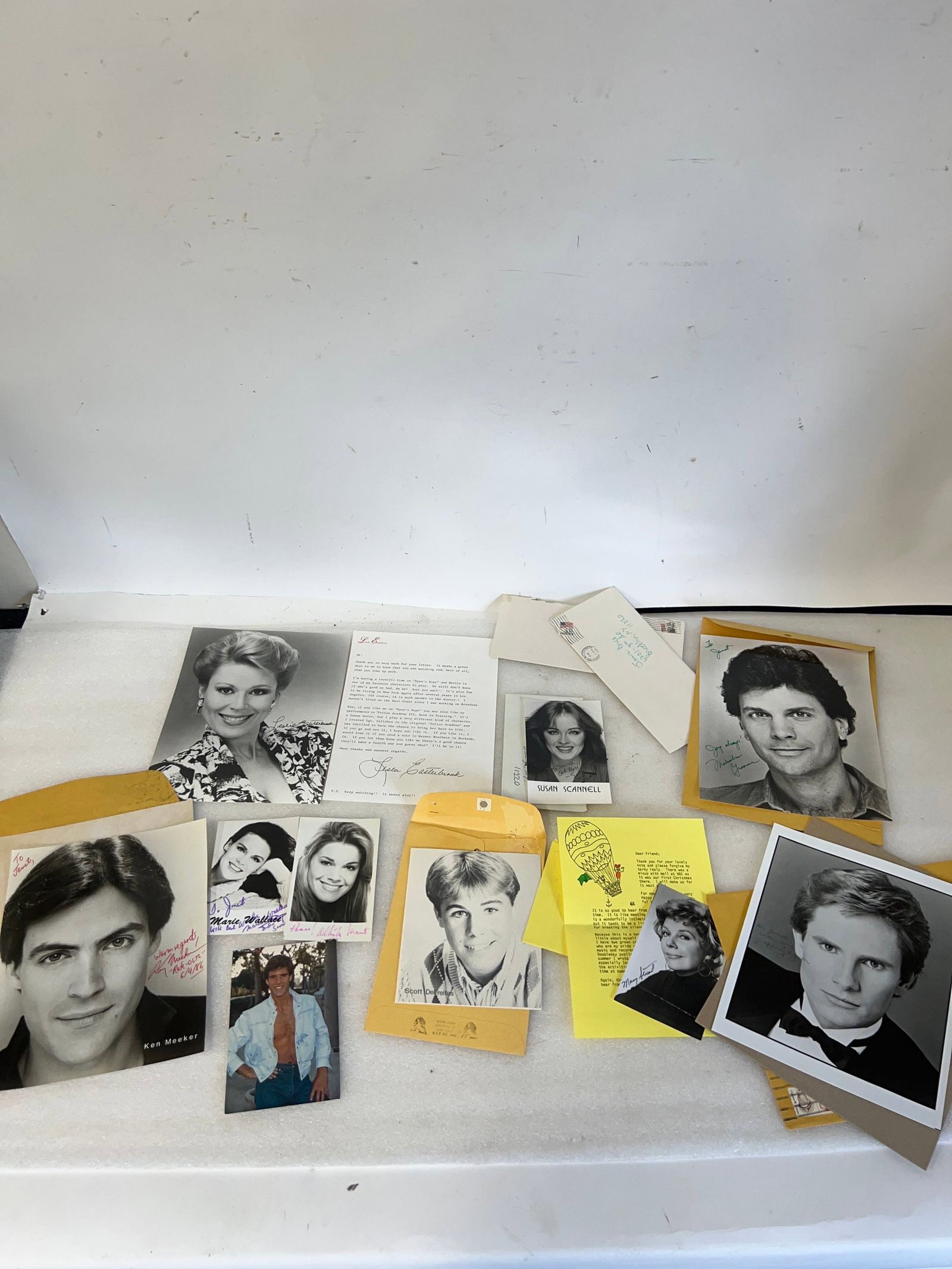 Autographed Celebrity Items(14): Todd McKee Postcard, Mary Stuart, Scott DeFritas, Susan Scannell (3) Marie Wallace. Alberta Grant, Ken Meeker, Jeffrey Byron (letter and photo} Malcom Groome, Leslie Easterbrook (letter and photograph