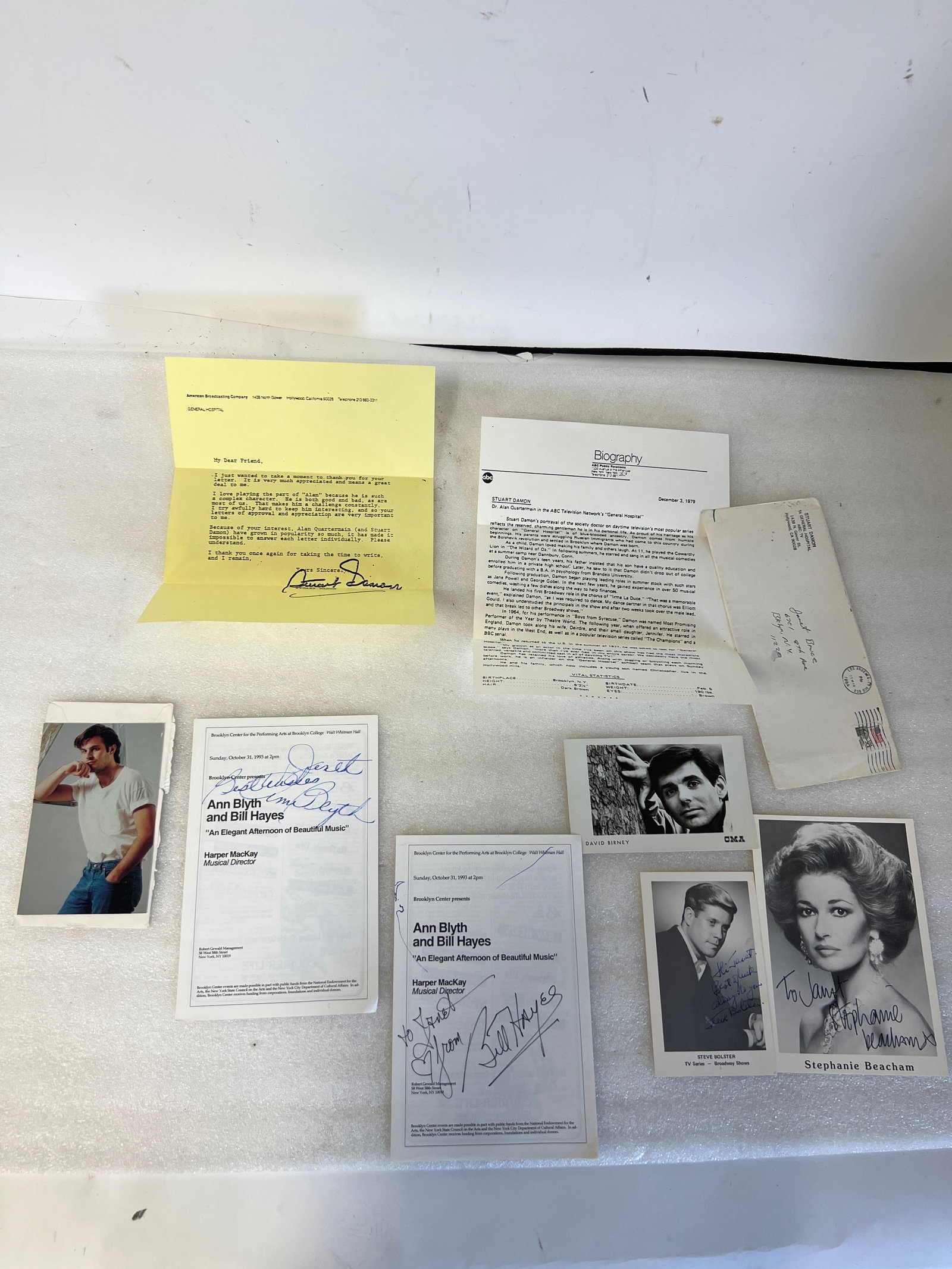 Lot od Celebrity Autographs and Photos (7): Jon Hensley (As the World Turns); Steve Bolster, David Birney, Stephanie Beachman, Bill Hayes, Ann Blyth Stuart Damon Seven in the lot