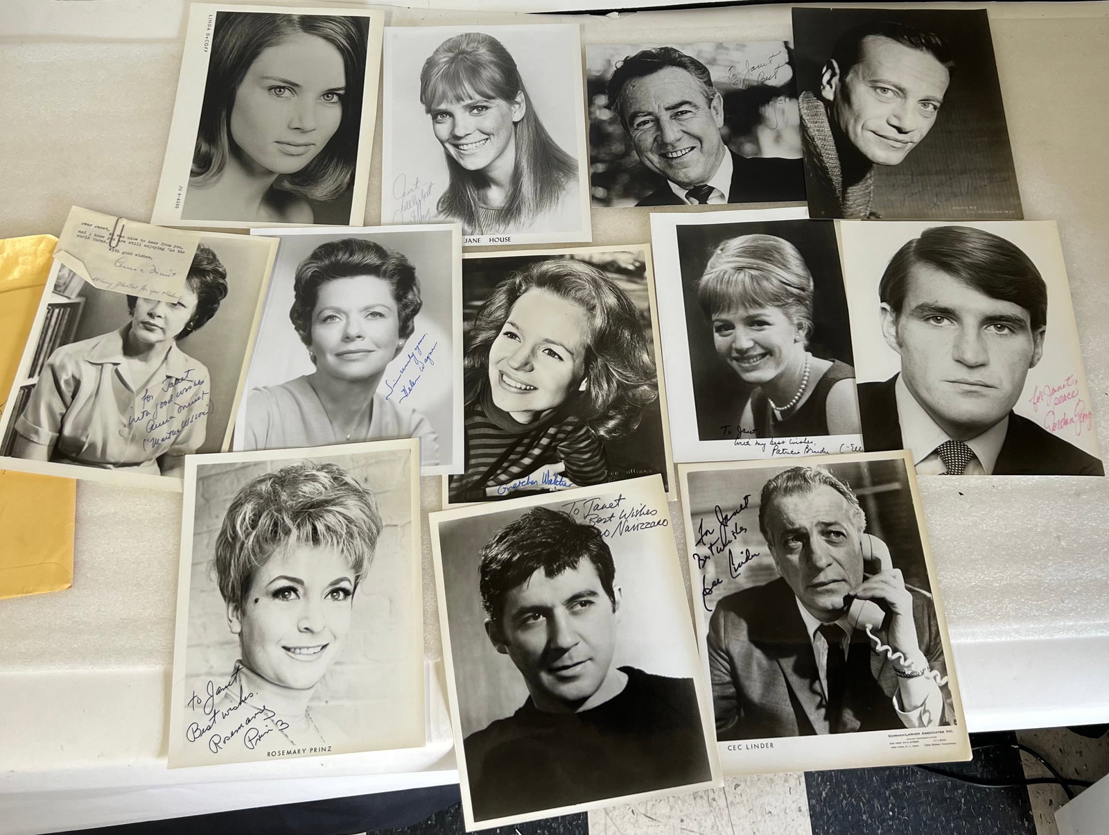Twelve Autographed Celebrity Photos: Martha Wilson, Rosemary Prinz, Helen Wayne, Nainzarro, Cec Linder, Gordon Gray, Linda De Coff, Gretchen Walter, Jane House, and 2 others.