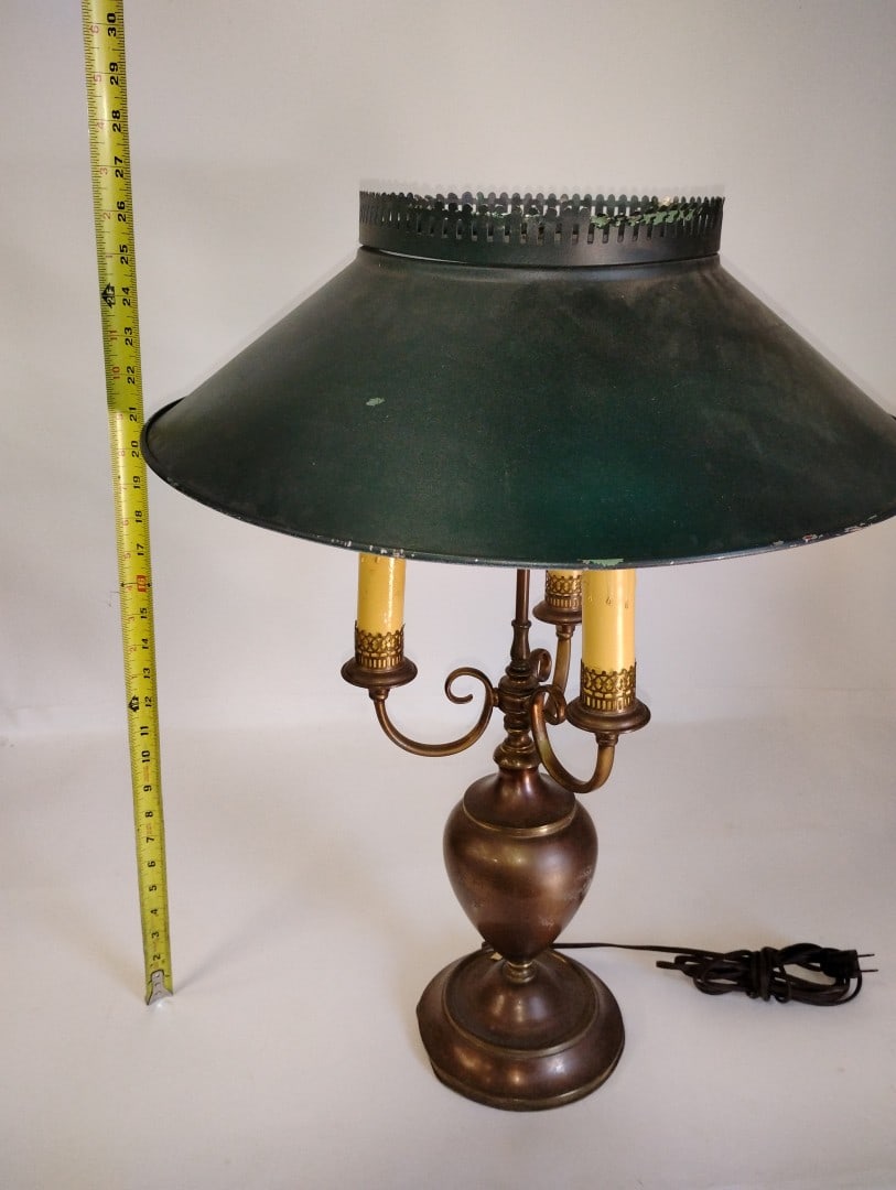 Antique 3 Lite Lamp with Tin Shade: Brass Base. 26.5"H. Tin shade is 20.25" in diameter