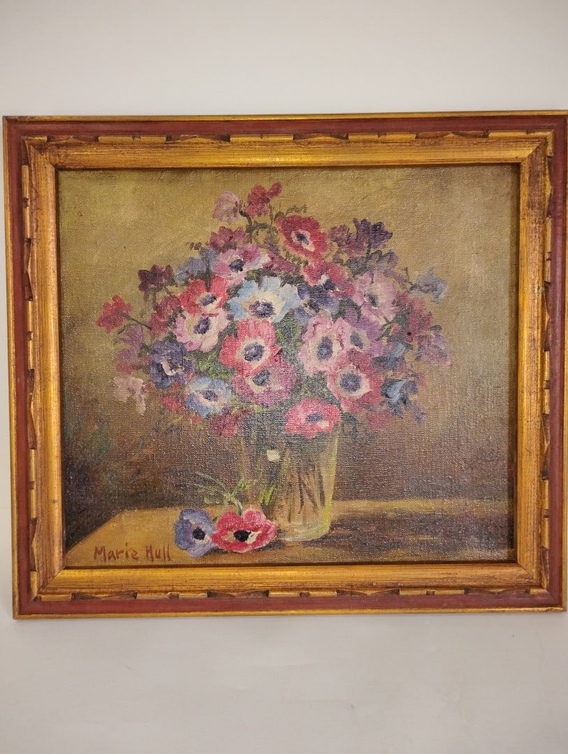 Marie Hall. Oil on Canvas Sgd.: 16 7/8 x 18 11/16 Still Life. Flowers in a vase.