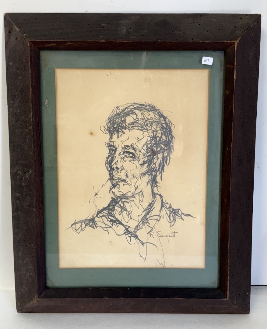 R. Sargent; 20thC. Modernist Drawing Signed: Pencil drawing on paper. Portrait of a man. Signed lower right; 14.75in. x 11in.(image0, 23in. x 18.5in.(framed)