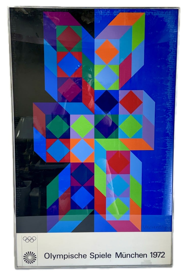 Vintage 1972 Munich Olympic Poster: Vintage 1972 Munich Olympic postertitled "Olympische Spiele M?nchen 1972" designed by Hungarian-French Op Art artist Victor Vasarely 40.25in. x 25.25in.(framed) IBM Corporate collection w/ label