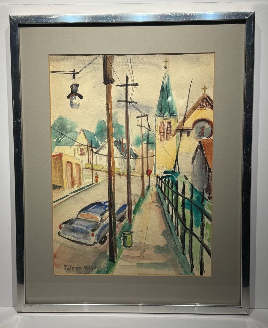Palmer Hayden; Important 20thC. Modernist Watercolor "Maine Street" Signed: Palmer Cole (Hedgeman) Hayden(1890-1973) Important 20thC. American Modernist watercolor on paper. Maine Street.(possibly Provincetown) Signed lower left. Circa 1925; 14.5in. x 10.75in.(image),