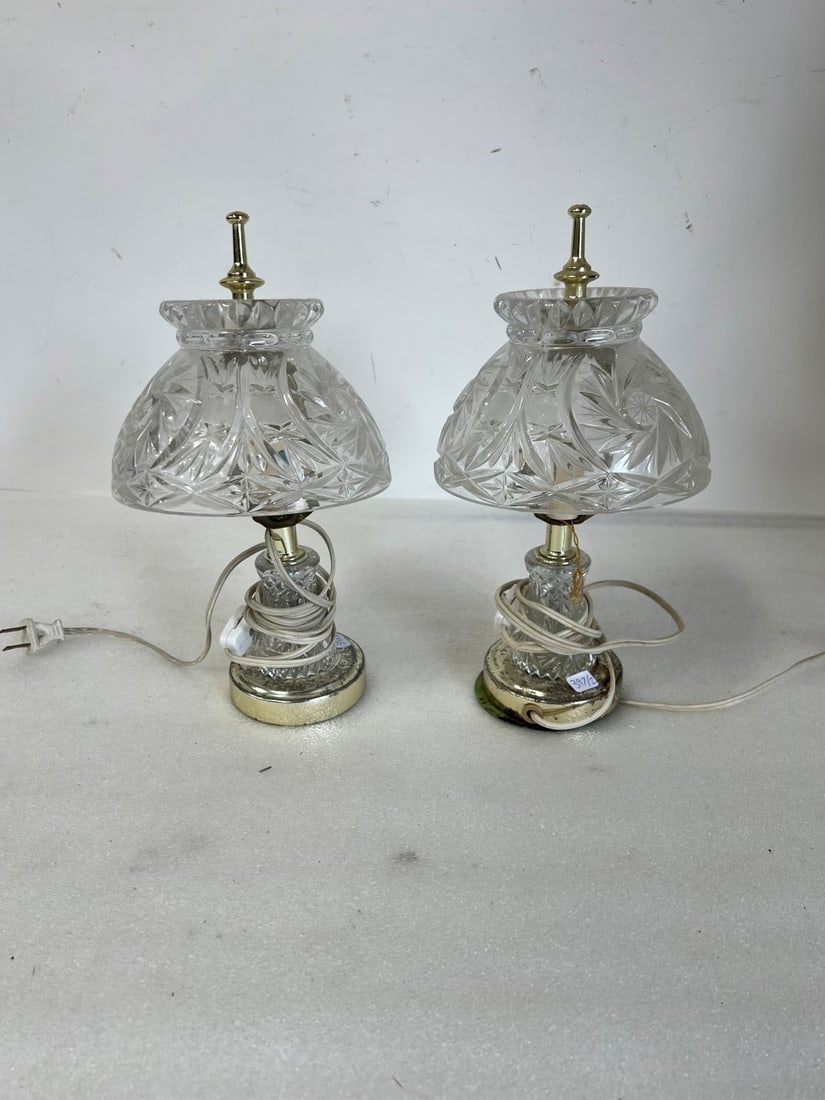 Pr. of Antique Boudoir Lamps: Glass Shades and glass and silverplate bases 12" H