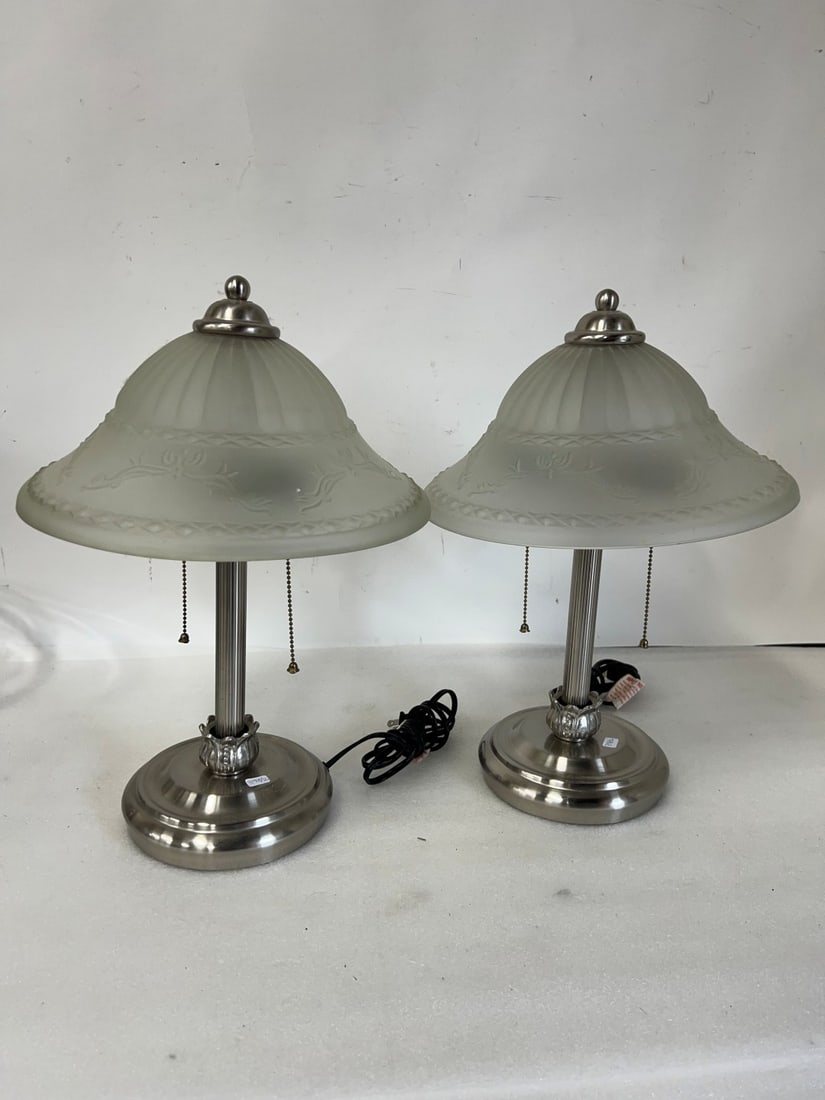 Pr.Antique Frosted Shade and Silverplate Lamps: As pictured Each 18"H