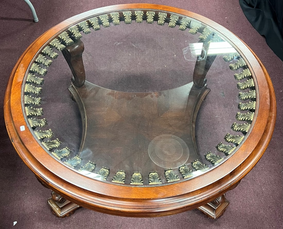 Antique Coffee Table.: Glass top. With decorations. As pictured. 19 1/4" H by 41" D