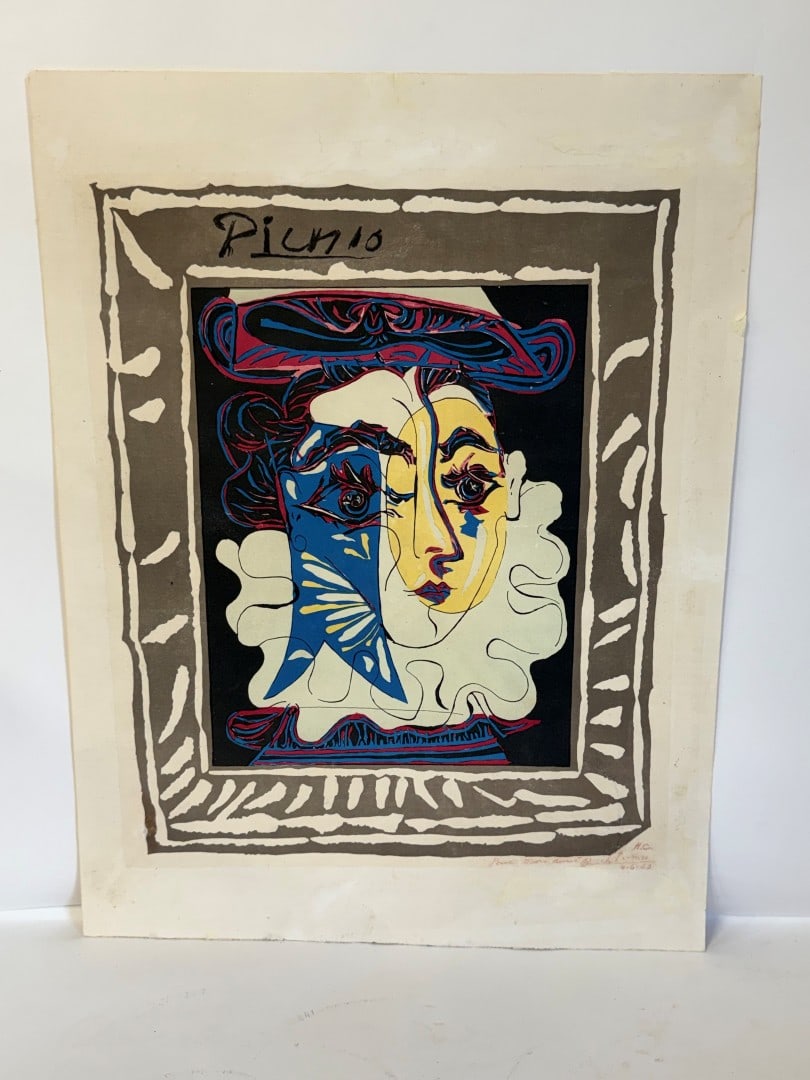 Pablo Picasso; 20thC. Linocut Print "La Femme au Chapeau": Pablo Picasso(1881-1973) color linocut print La Femme au Chapeau. Printed 1962. Inscribed, marked H.C., signed and dated 4-6-69; 21in. x 16.5in.(image), 26in. x 20in.(paper)