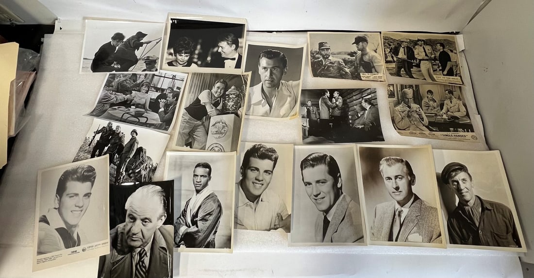 Vintage Movie Photographs (21): Some with publicity snipes inc, Fabian, Eric Portman, Gallant Men, "Don't just stand there", "Hell To Eternity" - Jeffery Hunter, Sheree North, Barry Sullivan, "Single Handed" - Jeffery Hunter, Michea