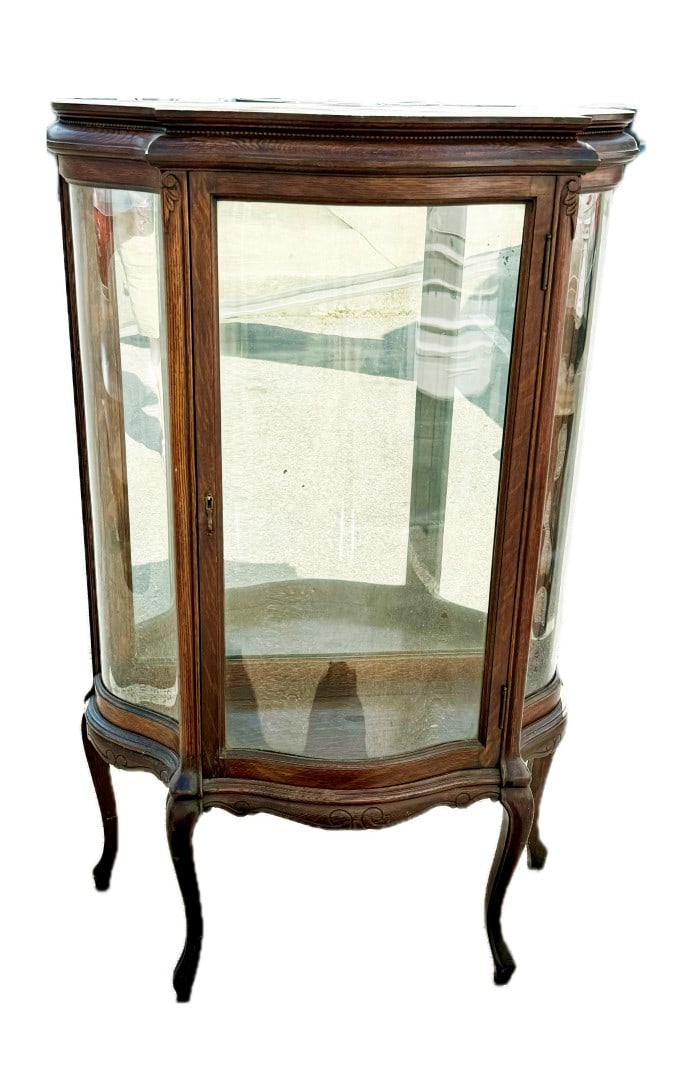 Antique Diminuitive Oak China Cabinet: Curved glass dimuitive oak china cabinet. Two(2) glass shelves; 51in.H. x 31in.W. x 13in.D.