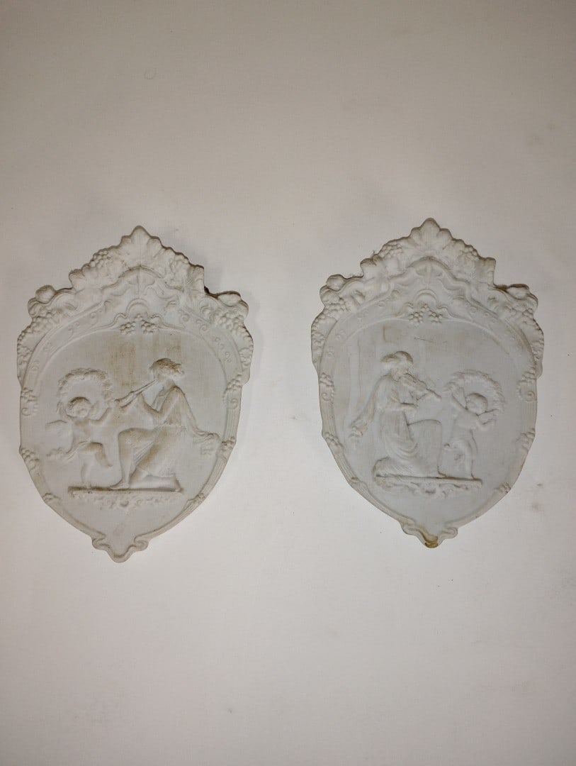 Pr. Bisque Wall Plaques.: Classical bas relief scenes 7 1/4:H x 5 1/4"W