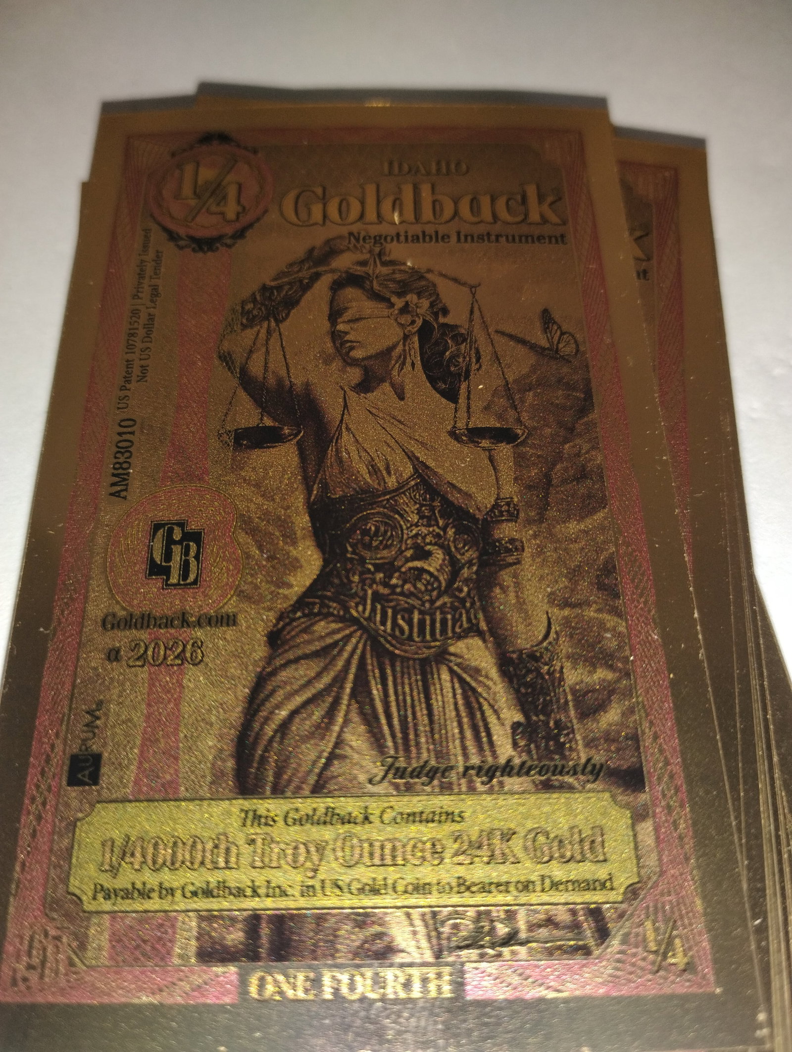 Quarter Goldbacks (40): One Fourthousand Troy Oz of 24 K Gold