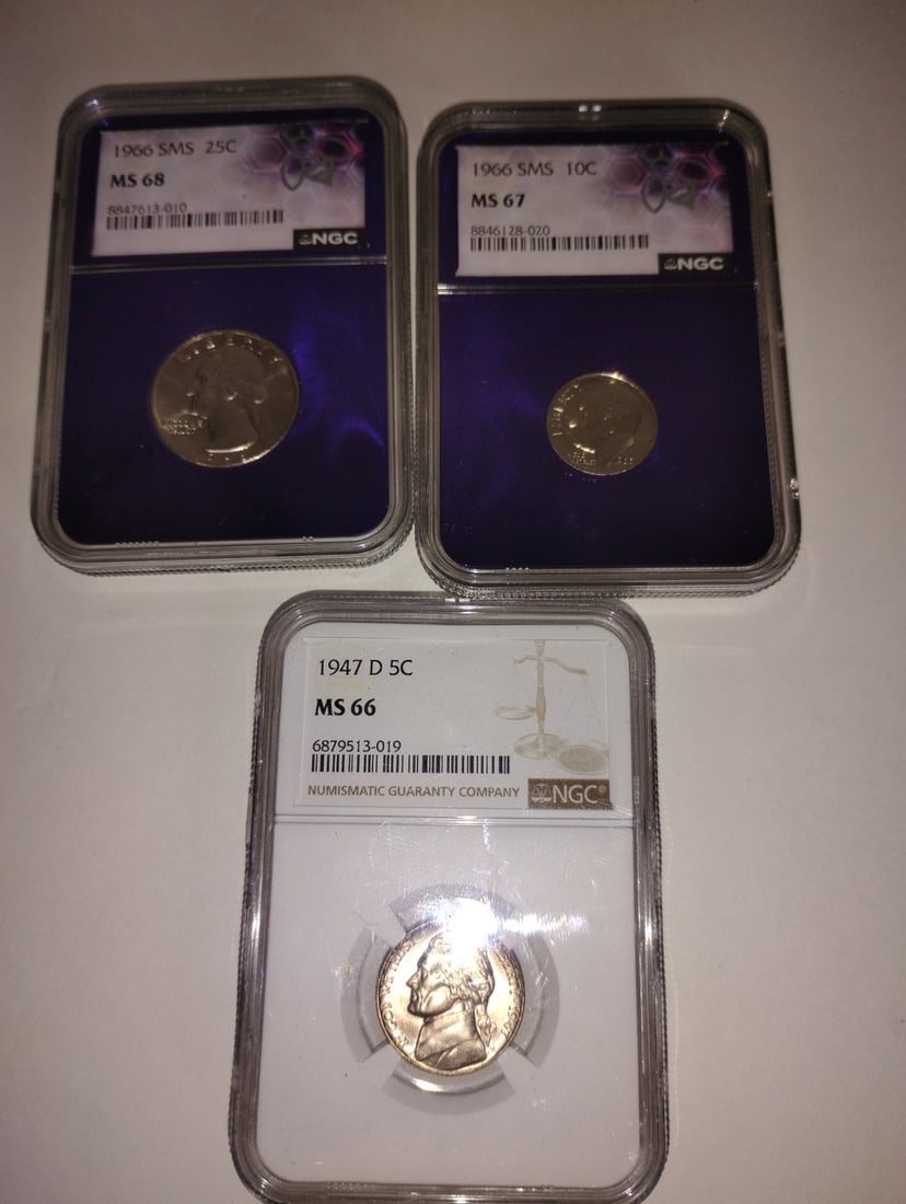 Three Coins, Dime, Nickel, Quarter. '47-'66: 1966 dime, 1947 nickell and 1966 quarter in the lot.
