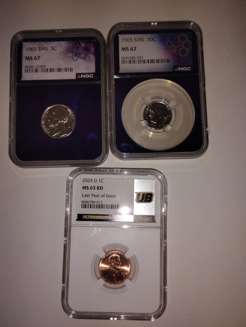 Three Coins, Penny, Nickel, Dime ,65 to 2025: 2025 penny. 1965 nickel and dime.