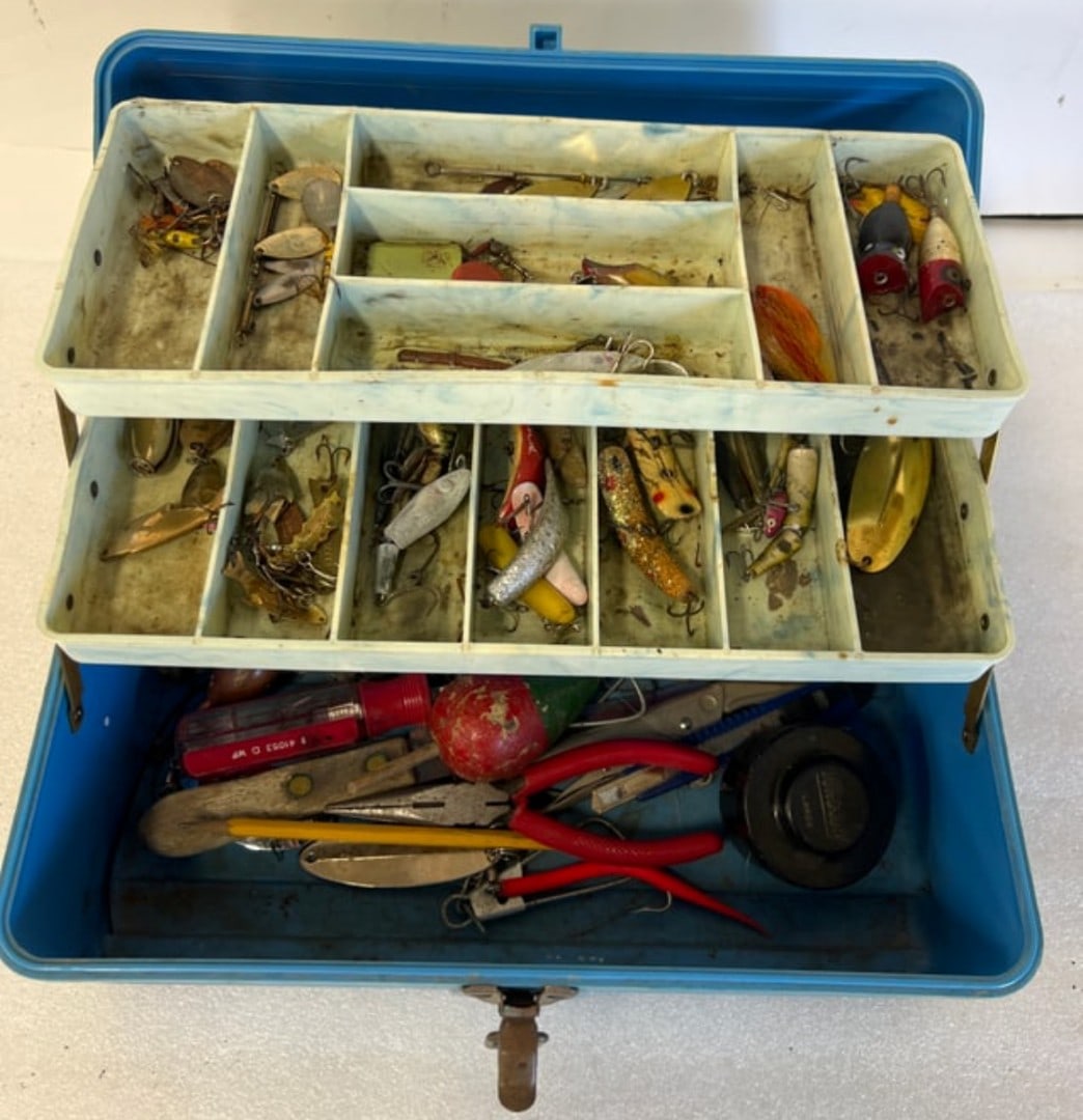 Tackle Box and Contents: With Items Inside As pictured. 7 1/2" H by 13 1/2" W