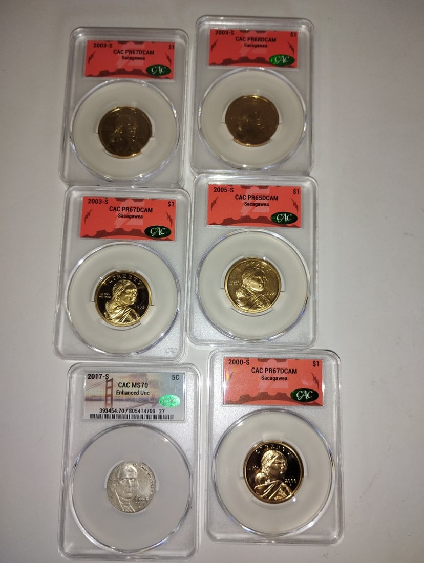 Six Collectible Coins. Sacagawea Quarters -5 & Nickel: Uncirculated Nickel, 2017S and 2000S to 2005S Six coins in the lot.