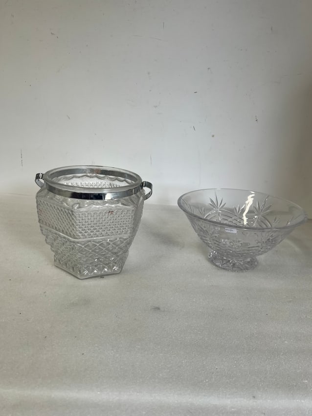 Antique Footed Bowl and Ice Bucket Antique Crystal: Heavy Weight Footed Bowl and hobnail ice bucket. Two in the lot