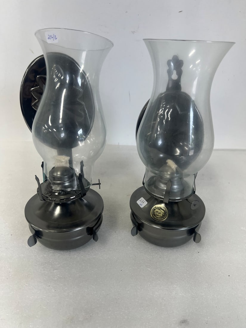 Lamplight Farms Oil Lamps Pr.: Glass shades. All original. Never used. Sticker for company One glass shade as is at bottom.11 1/2"