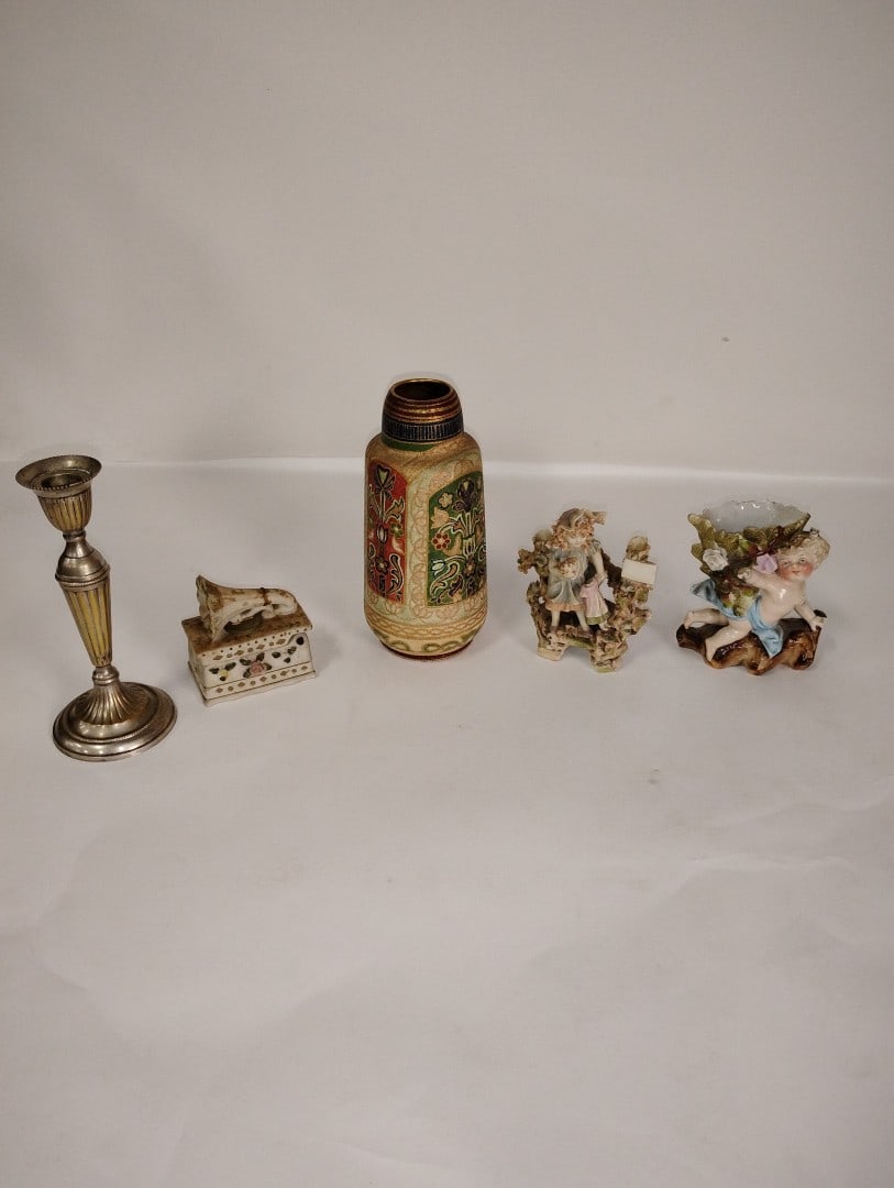 Lot of Vintage Collectibles (5): Ornate enameled vase Word Royal and depiction of a crown still visible at underside where it seems to have been drllled for a lamp, a silverplated candlestick, two Meissen like figures with indiscerni