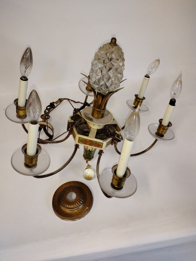 Six Lite Pinapple Finial Chandelier: Height top of pineapple to bottom 17 1/2" Width 21 1/2"