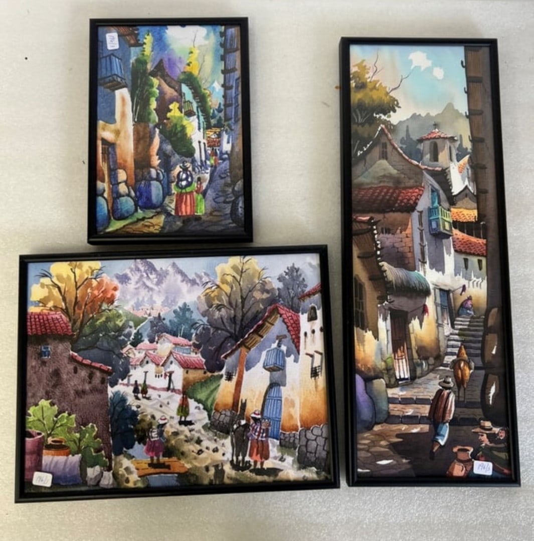 Peruvian Watercolors (3): Unsigned. Three in the lot. All framed. 10" x 13" ; 10" x 7" and 19" x 7"