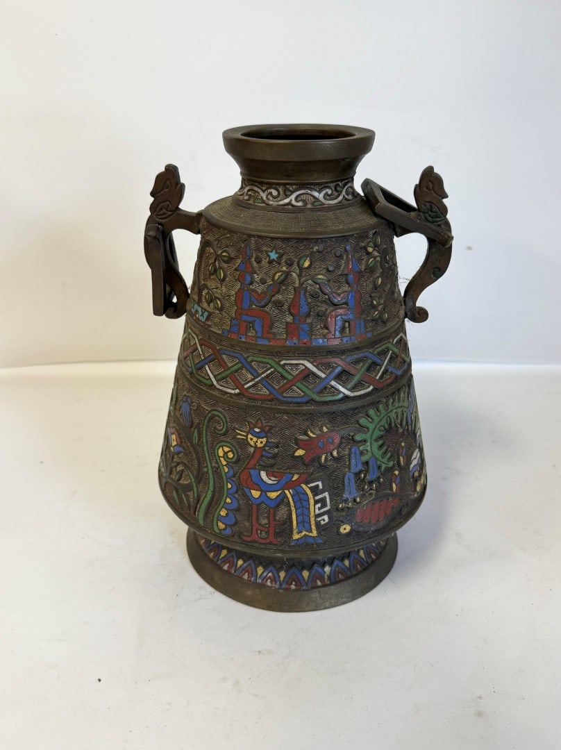 19thC. Japanese Bronze Champleve Enameled Vase: Enameled double-handled bronze vase. Figural and animal decoration. Ring handles; 12in.H. x 7.5in.W. (as is with bottom plate missing)