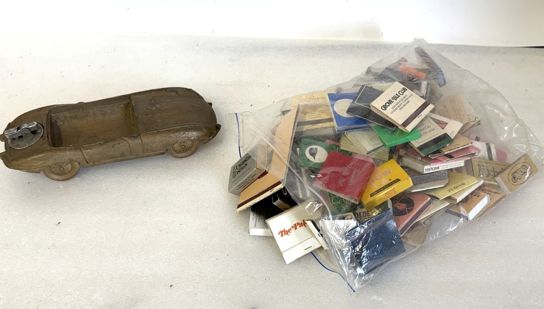 Vintage Jaguar Table Lighter and Matches: As pictured. Lighter as is with missing wheel