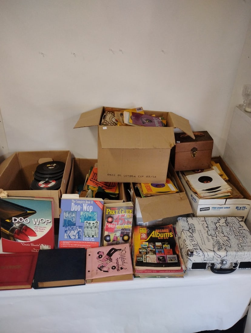 Collection of 1000 +45 RPM Records: Doo Wops to 1960's. Paper items, sheet music, and 45 record player as well as other things inc. in the lot inc.Doo Wop Books, Price Guide to 45 Records, 1996, Record Albums Catalogue 1948-1978 etc.