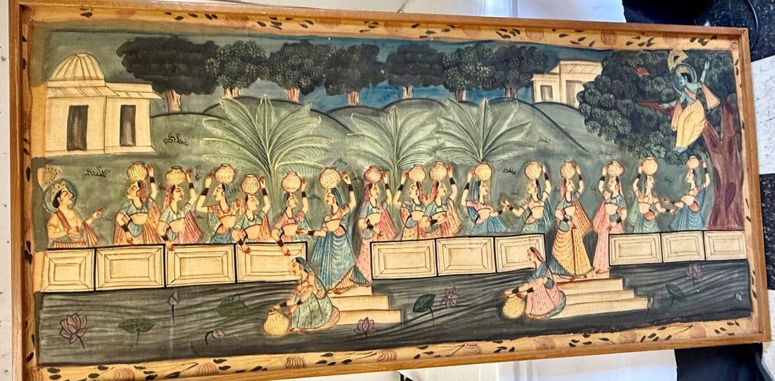 Large Indian Krishna Pichwai Painting on Silk: Framed painting on silk; 33in. x 71in.