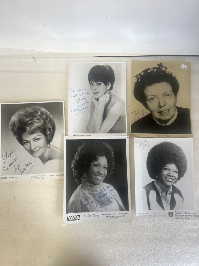 5 Autographed Celebrity Photos: Rusty Warren, Celia Cruz, Arlene Fontanna, Patti Jo, Mary Boylan all 8in x 10in
