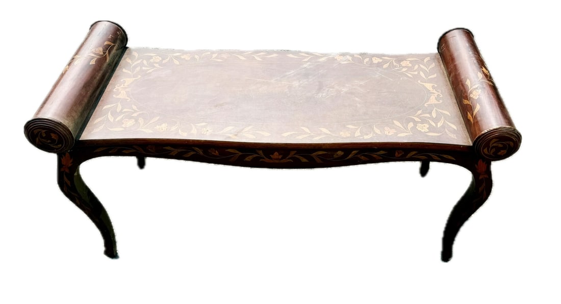 Unusual French Marquetry Coffee Table: Unusual mahogany coffee table. Scrolled ends. Inlaid marquetry decoration; 21in.H. x 43in.W. x 17.5in.D.