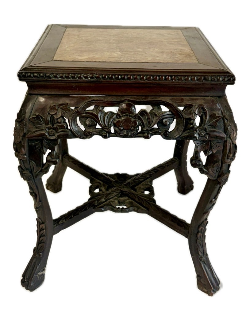 Chinese Heavily Carved Teakwood and Marble Plant Stand (1 of 13)