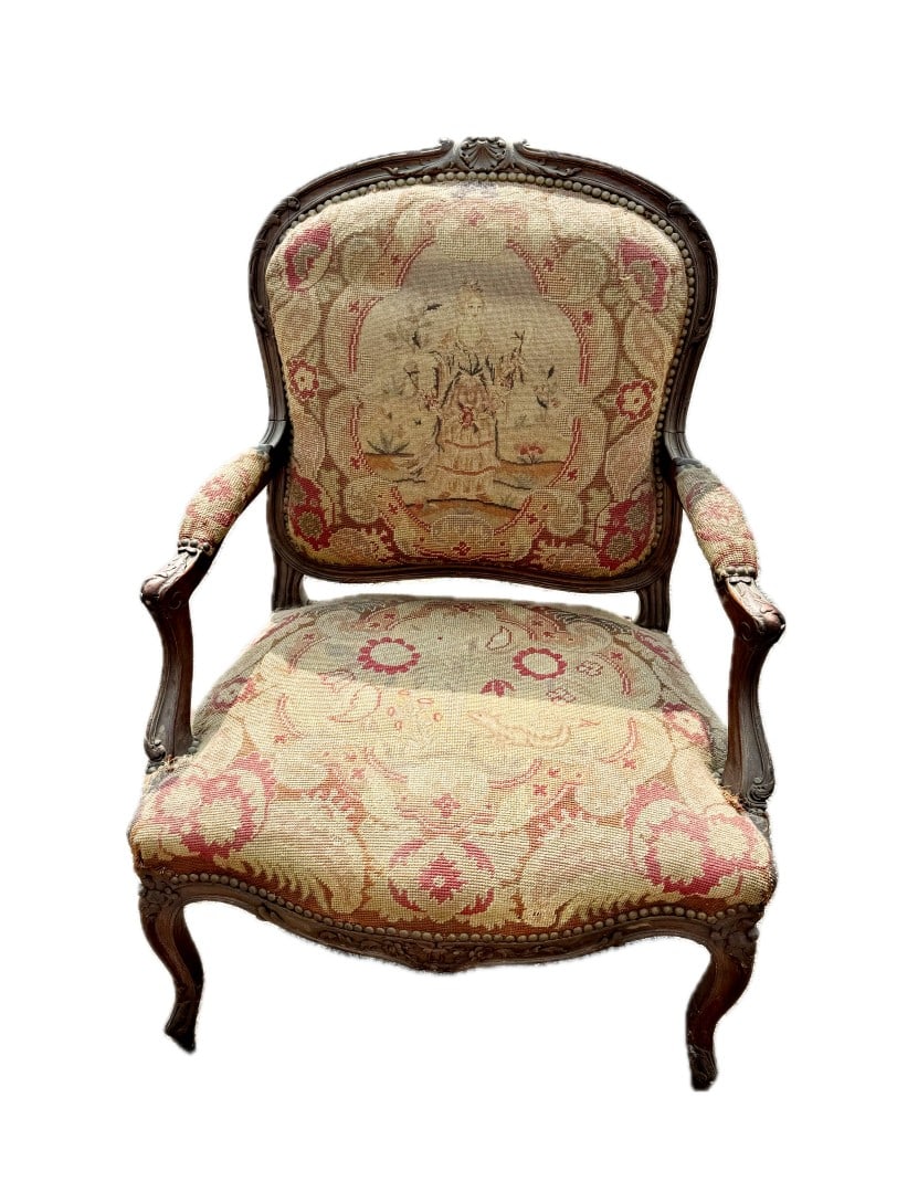 Louis XV Style Carved Walnut Petit Point Arm Chair: Walnut carved arm chair. Petit Point needlepoint upholstery; 39in.H. x 28in.W. x 24in.D.