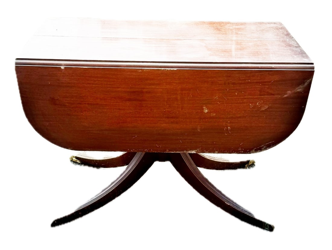 Duncan Phyfe Drop-Leaf Mahogany Dining Table: As picture with three(3) leaves(13in.W. each); 30in.H. x 41in.W. x 21in.(closed)