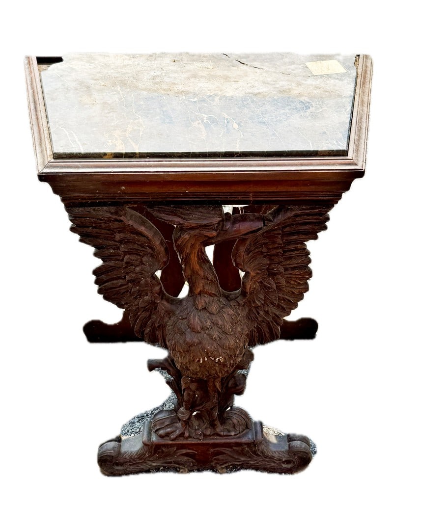 American Black Forest Walnut and Marble Side Table: Heavily carved walnut winged bird side table. Marble insert(as is); 22in.H. x 22in.W. x 15in.D.