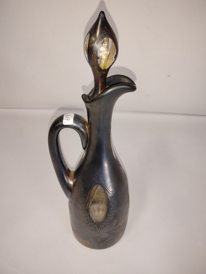 Pewter Overlaid Antique Decanter: Clear Glass and Pewter Overlay.