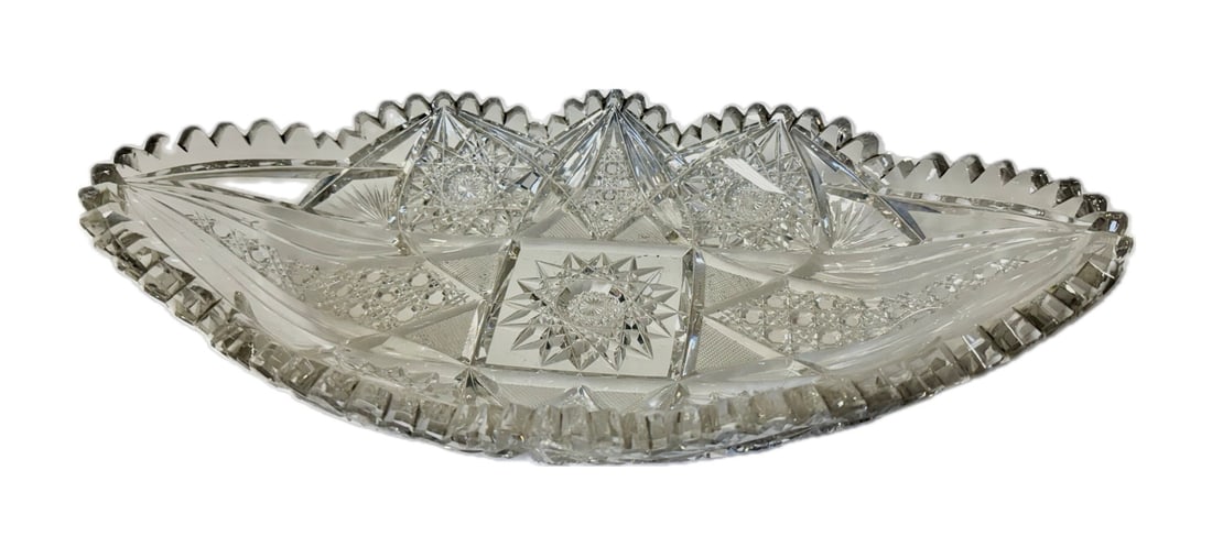 American Brilliant Cut Glass Oval Dish: Heavily brilliant cut glass dish; 3in.H. x 16in.W. x 9in.D.