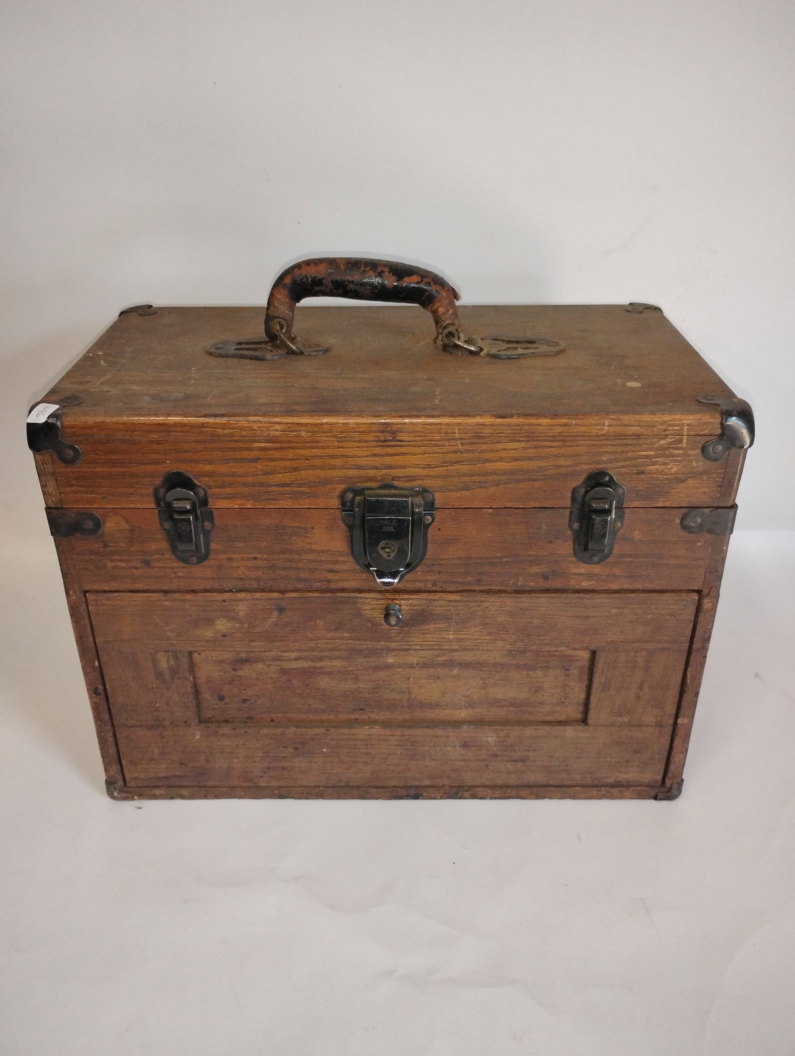 Antique Oak Tool Box and Contents: Drafting tools and others as pictured. Five drawers. With contents as pictured. 12 1/4:H 16 3/4"W and 9"D