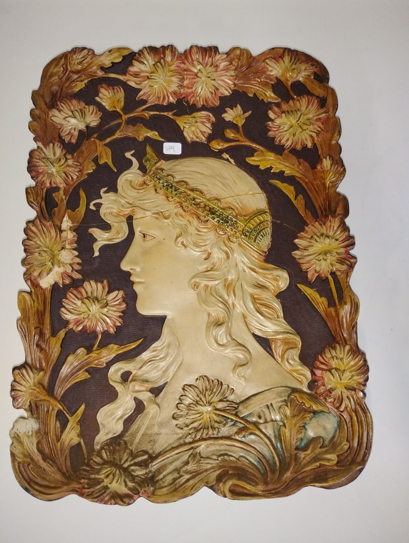 Austrian Art Nouveau Bas Relief Pottery Plaque: As is with extensive old repair