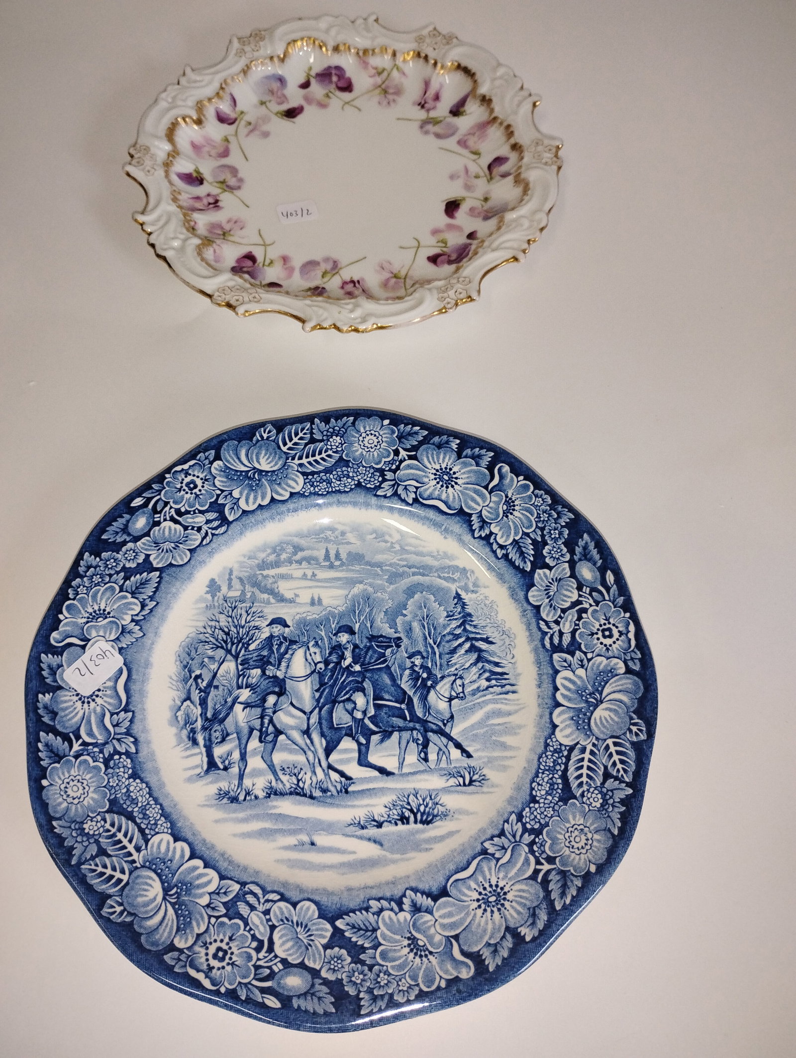 Limoges Plate and Staffordshire (2): T&V France purple floral decorated plate 8" in D, and Staffordshire Liberty Blue plate, Washington at Valley Forge 9" in D.